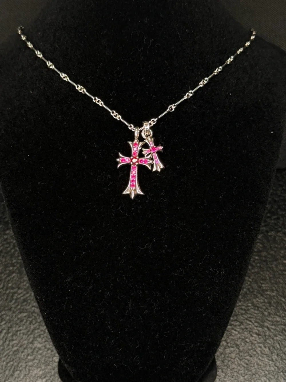 Chrome Hearts Pink Diamond Studded Double Floral Cross Unisex Necklace